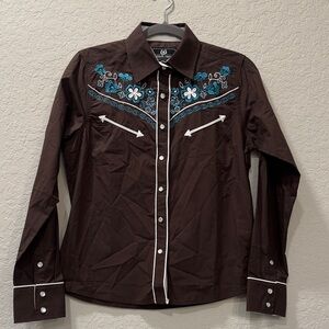 Brown Button Down Shirt with Blue Embroidery